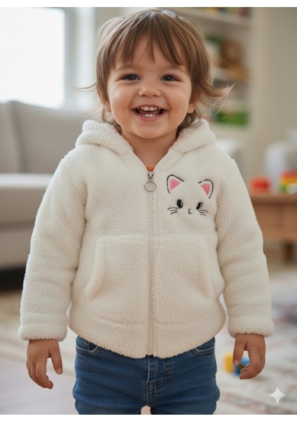 kız Çocuk Peluş Polar Hırka Kapşonlu Fermuarlı Cepli Pembe Beyaz Siyah Mor Gül Kurusu !!!dar Kalıp