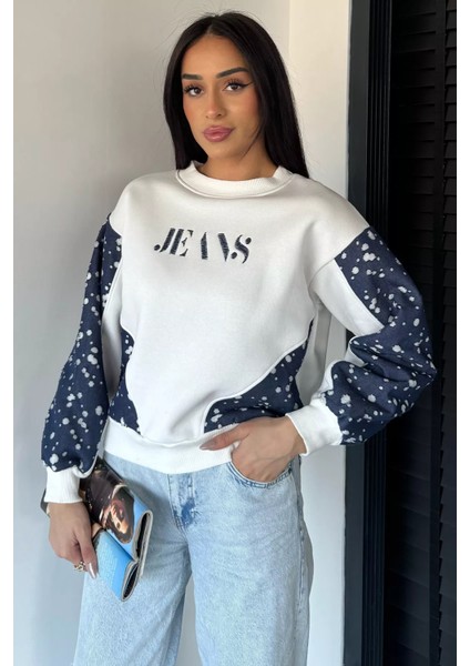 Kadın Bisiklet Yaka Ön Nakışlı Kot Garnili Şardonlu Sweatshirt P-00019009 fiyatları