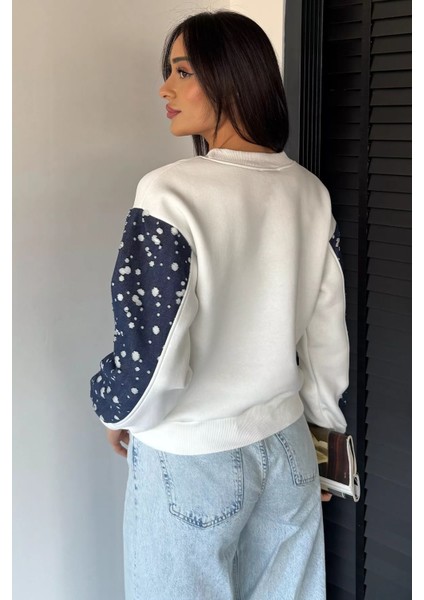 Kadın Bisiklet Yaka Ön Nakışlı Kot Garnili Şardonlu Sweatshirt P-00019009 fırsatları