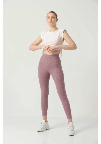 Lacivert Kadın Fitilli Tayt, Toparlayıcı Yüksek Bel Fitilli Spor, Günlük Rahat Tayt