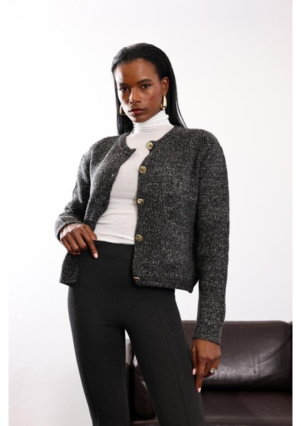 Antrasit Gold Düğme Detaylı Hırka 251067