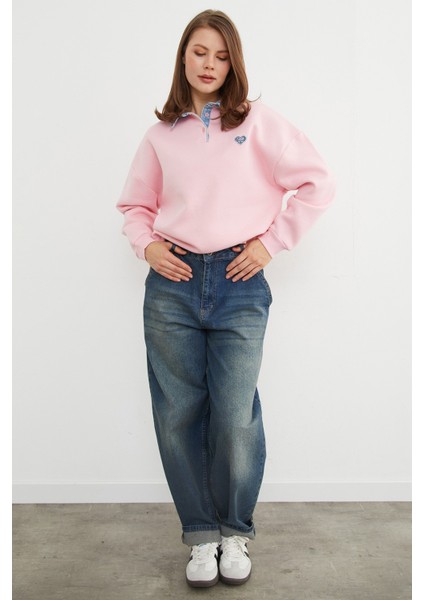 3 Iplik Kalp Nakışlı Polo Yaka Denim Detaylı Sweatshirt modelleri