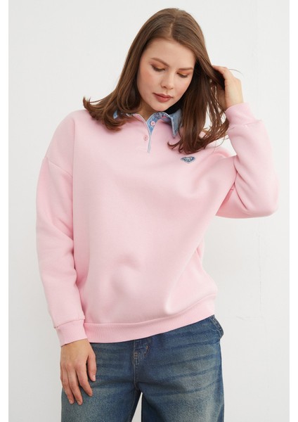 3 Iplik Kalp Nakışlı Polo Yaka Denim Detaylı Sweatshirt fırsatları