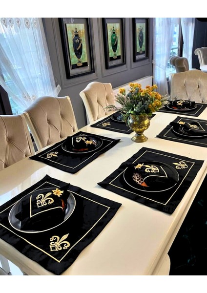 Siyah Üzeri Gold Nakışlı 6'lı Amerikan Servis + 6'lı Peçete Takımı Klasik Lüks Stil