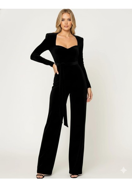 Kadın Siyah Kadife Uzun Kollu Kare Yaka Kemerli Tulum