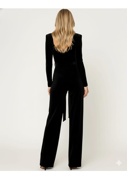 Kadın Siyah Kadife Uzun Kollu Kare Yaka Kemerli Tulum fiyatları