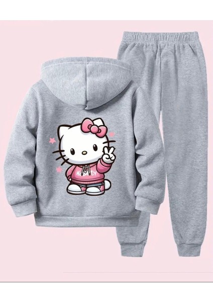 Punıx Kıds Hello Kıtty Baskılı Yüksek Kalite Kışlık 3 Iplik Kalın Kız Çocuk Eşofman Takımı