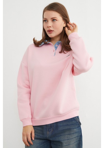 3 Iplik Kalp Nakışlı Polo Yaka Denim Detaylı Sweatshirt indirimleri