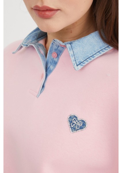 3 Iplik Kalp Nakışlı Polo Yaka Denim Detaylı Sweatshirt