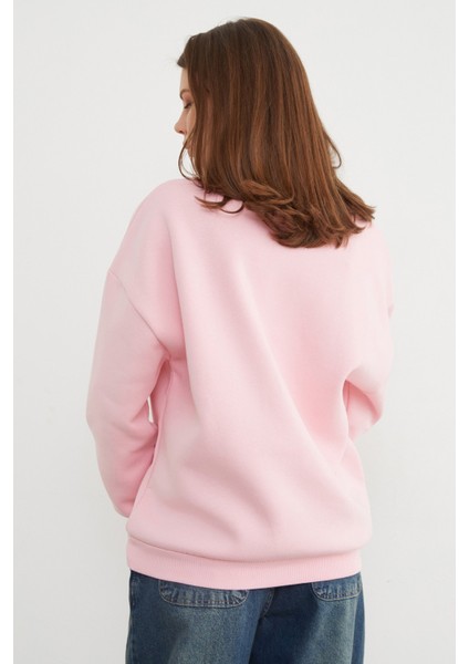 3 Iplik Kalp Nakışlı Polo Yaka Denim Detaylı Sweatshirt