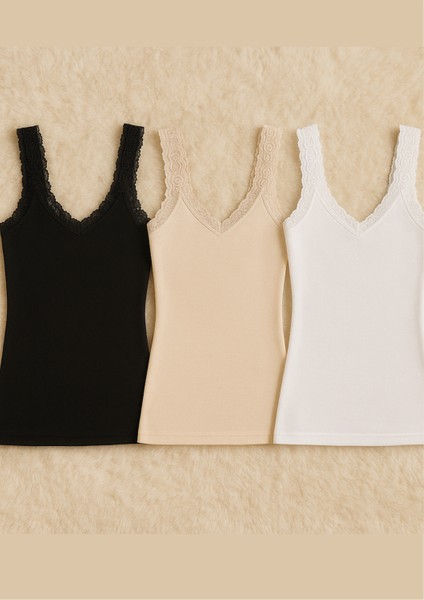 Kadın Dantel Detaylı Modal & Pamuklu Askılı Beyaz - Siyah - Ten 3 Adet Atlet LL.K66.O062.001