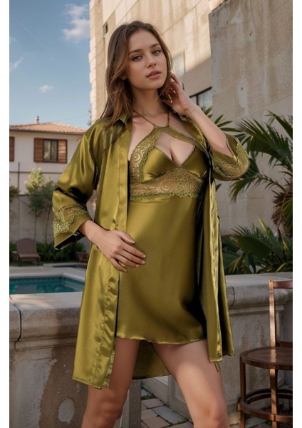 Kadın Giyim Derin Dekolte Dantel Detaylı Haki Mini Gecelik & Sabahlık 2'li Takım LL.F01.AA.L032