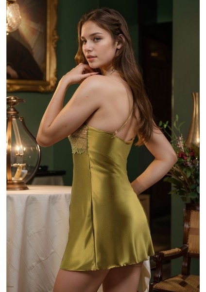 Kadın Giyim Derin Dekolte Dantel Detaylı Haki Mini Gecelik & Sabahlık 2'li Takım LL.F01.AA.L032 modelleri