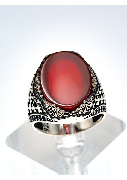 Özel Tasarım Kırmızı Akik Taşlı 925 Ayar Gümüş Erkek Yüzük
