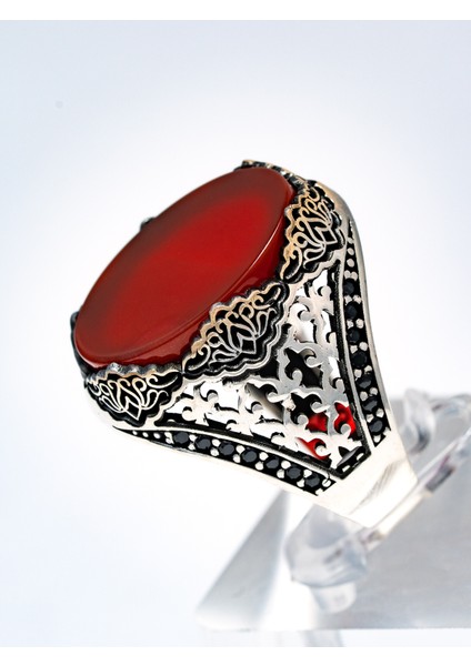 Özel Tasarım Kırmızı Akik Taşlı 925 Ayar Gümüş Erkek Yüzük modelleri