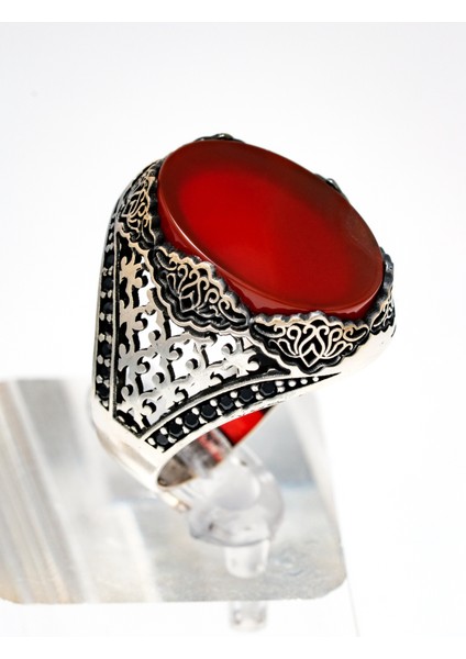 Özel Tasarım Kırmızı Akik Taşlı 925 Ayar Gümüş Erkek Yüzük fırsatları