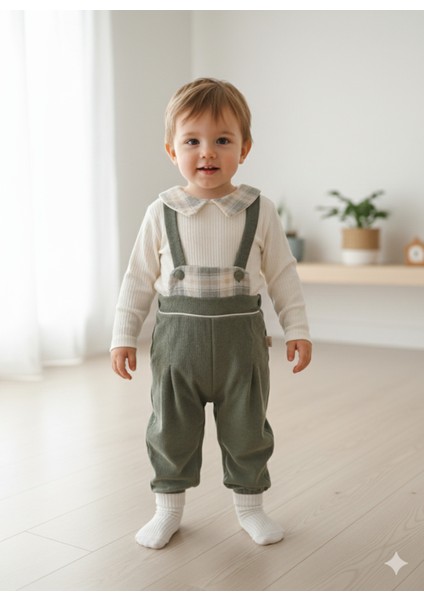 Ekose Bebe Yaka Kareli Askılı Salopet Takım Fitilli Kadife Tulumlu