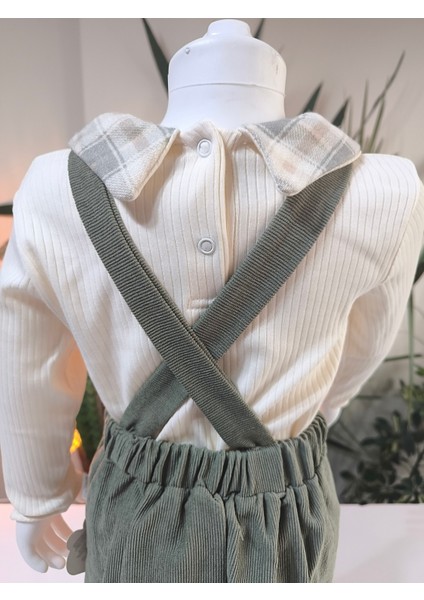 Ekose Bebe Yaka Kareli Askılı Salopet Takım Fitilli Kadife Tulumlu