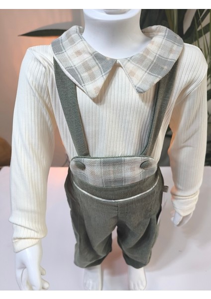 Ekose Bebe Yaka Kareli Askılı Salopet Takım Fitilli Kadife Tulumlu