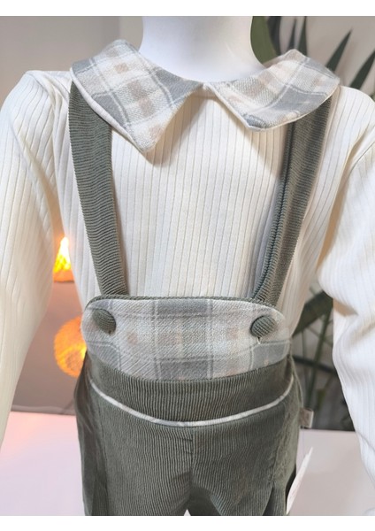 Ekose Bebe Yaka Kareli Askılı Salopet Takım Fitilli Kadife Tulumlu