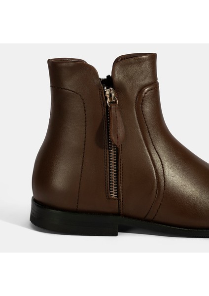 Kadın Kahve Çift Fermuarlı Deri Bot