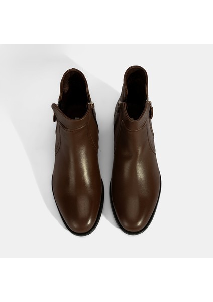 Kadın Kahve Çift Fermuarlı Deri Bot