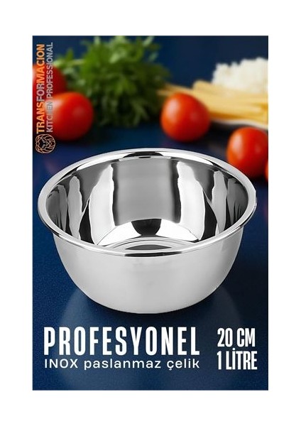 Inox Kase - 20 cm 1 Litre Karıştırma Kabı Profesyonel 304 Paslanmaz Çelik