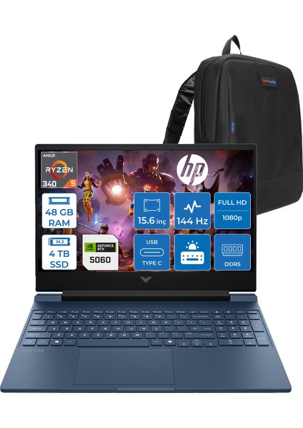Victus Gaming Amd Ryzen Aı 5 340 48GB Ddr5 4tb SSD RTX5060/8GB 15.6"fhd (1920 x 1080), 144 Hz, Ips, 300 Nits Freedos Gaming Bilgisayar CJ6L4EAF20+ZETTAÇANTA