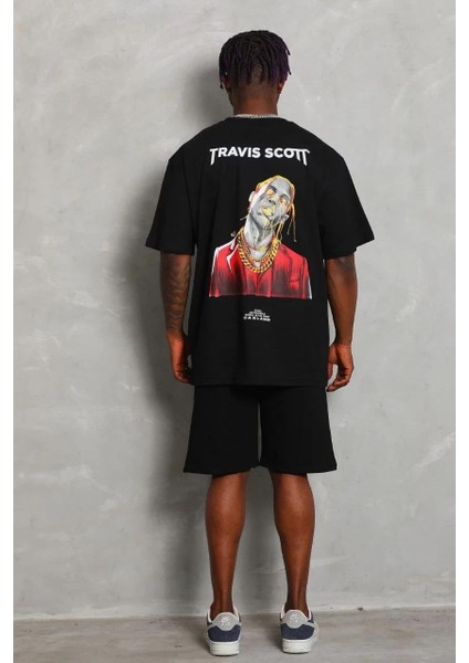 Unisex Oversize Baskılı Bisiklet Yaka T-Shirt - Siyah indirimleri