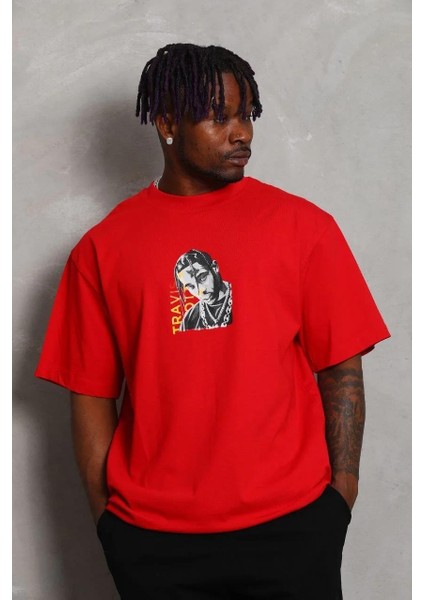 Unisex Oversize Baskılı Bisiklet Yaka T-Shirt - Kırmızı