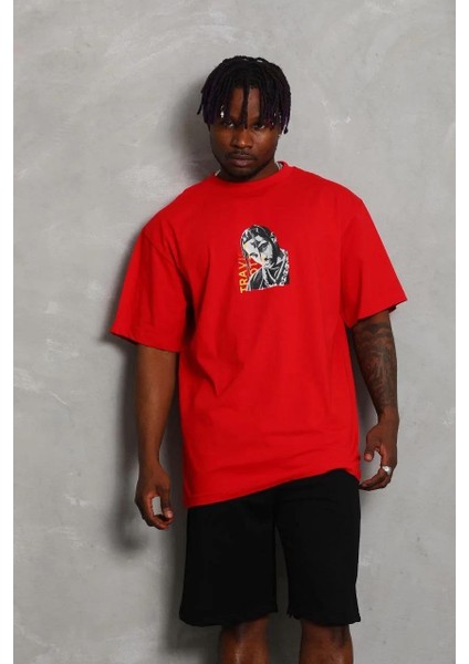 Unisex Oversize Baskılı Bisiklet Yaka T-Shirt - Kırmızı fiyatları