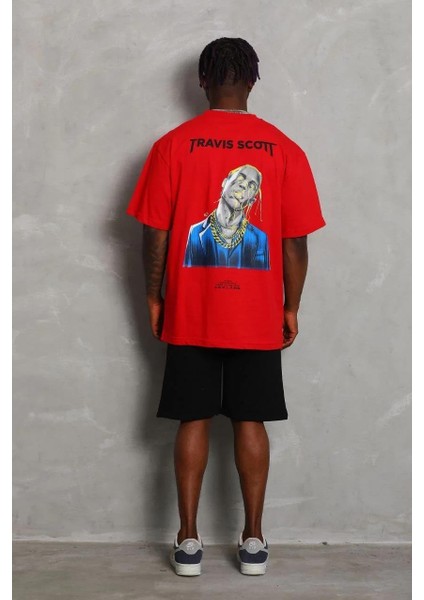 Unisex Oversize Baskılı Bisiklet Yaka T-Shirt - Kırmızı fırsatları