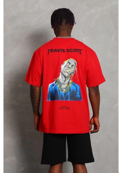 Unisex Oversize Baskılı Bisiklet Yaka T-Shirt - Kırmızı indirimleri