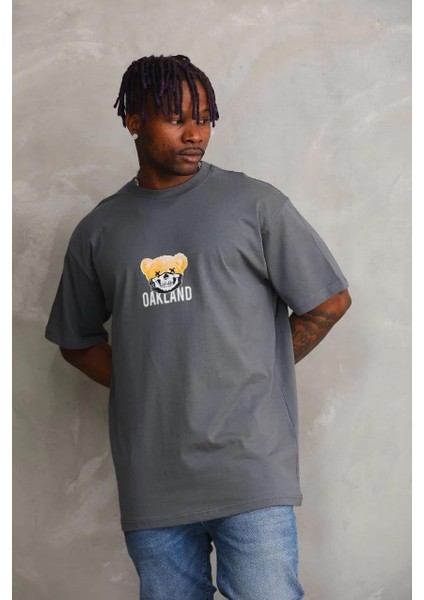 Unisex Baskılı Oversize T-Shirt - Füme