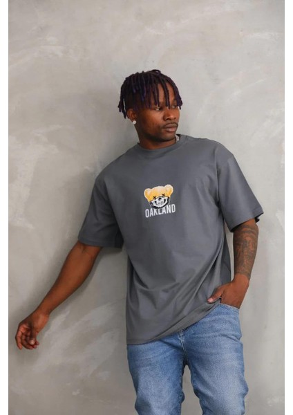 Unisex Baskılı Oversize T-Shirt - Füme