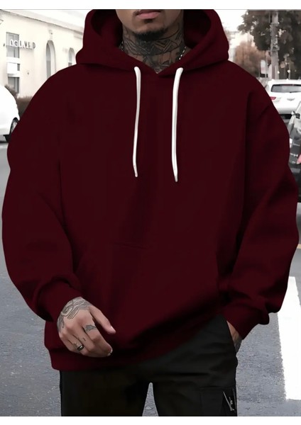 Punıx Büyük Beden Özel Tasarım Kapüşonlu Düz Renk %100 Pamuk 3 Iplik Casual Erkek Sweatshırt