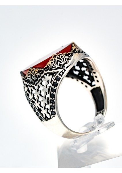 Özel Tasarım Kırmızı Akik Taşlı 925 Ayar Gümüş Erkek Yüzük