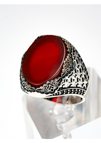 Özel Tasarım Kırmızı Akik Taşlı 925 Ayar Gümüş Erkek Yüzük