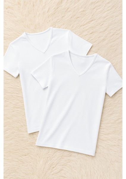 Erkek %100 Pamuklu V Yaka Kısa Kollu 2 Adet Beyaz T-Shirt LL.IL10.KE12.001