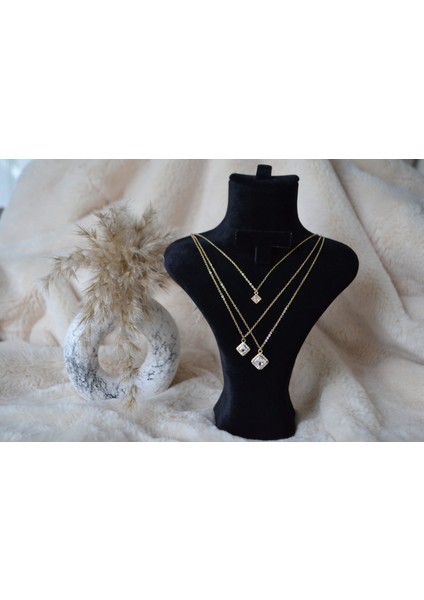 3'lü Kare Çelik Zirkon Taşlı Kolye