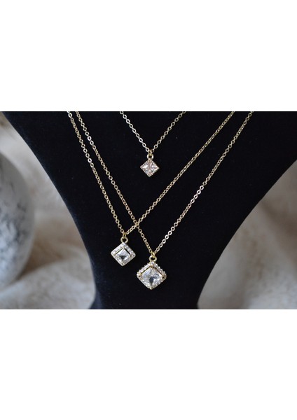 3'lü Kare Çelik Zirkon Taşlı Kolye modelleri