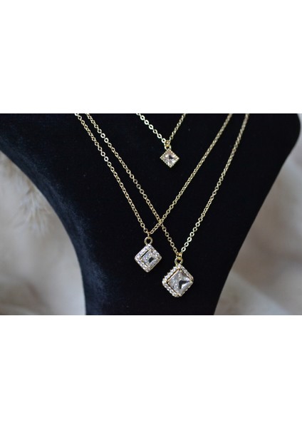 3'lü Kare Çelik Zirkon Taşlı Kolye fırsatları