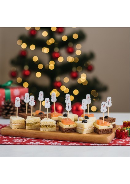 12 cm Kardan Adam Figürlü Yılbaşı Kokteyl Kürdanı 12'li - Noel Cupcake Topper Meyve Çubuğu