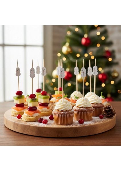 12 cm Kardan Adam Figürlü Yılbaşı Kokteyl Kürdanı 12'li - Noel Cupcake Topper Meyve Çubuğu modelleri