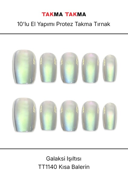 10'lu Yeşil Kısa Balerin TT1140 Tekrar Kullanılabilir El Yapımı Protez Takma Tırnak - Yeşil-S