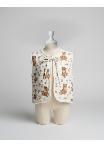 Yelek Unisex Bebek %100 Organik Pamuk 4 Kat Müslin Desenli Kolsuz Bağcıklı Bebek Yelek