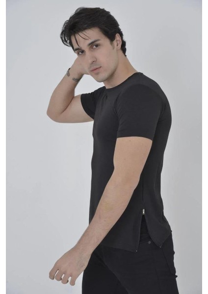 Erkek Yandan Fermuarli Slim Fit T-Shirt - Siyah