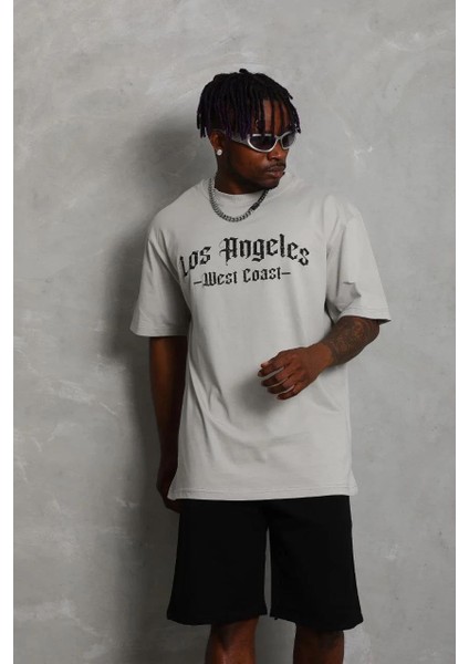 Unisex Oversize Baskılı Bisiklet Yaka T-Shirt - Gri