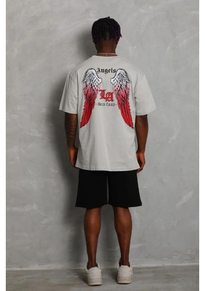 Unisex Oversize Baskılı Bisiklet Yaka T-Shirt - Gri fiyatları