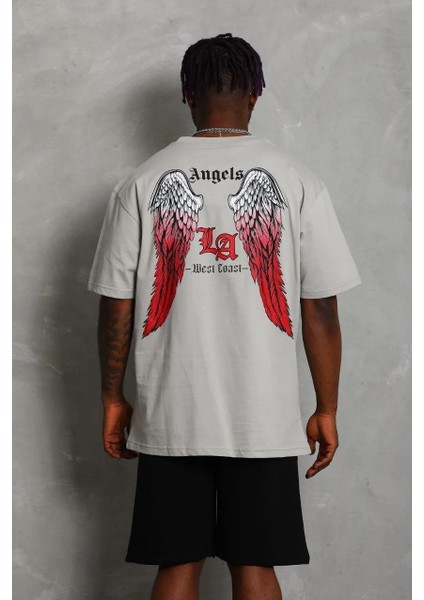 Unisex Oversize Baskılı Bisiklet Yaka T-Shirt - Gri modelleri